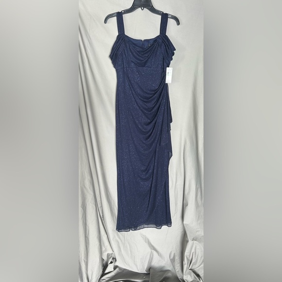 Alex Evenings Glitter Mesh Cold Shoulder Cap Sleeve Side Slit Ruched Gown - Picture 6 of 11